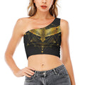 Golden Spiritual Bird Print One Shoulder Crop Top