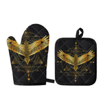 Golden Spiritual Bird Print Oven Mitt And Pot Holder Set
