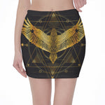 Golden Spiritual Bird Print Pencil Mini Skirt