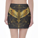 Golden Spiritual Bird Print Pencil Mini Skirt
