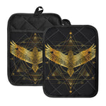 Golden Spiritual Bird Print Pot Holders With Pocket
