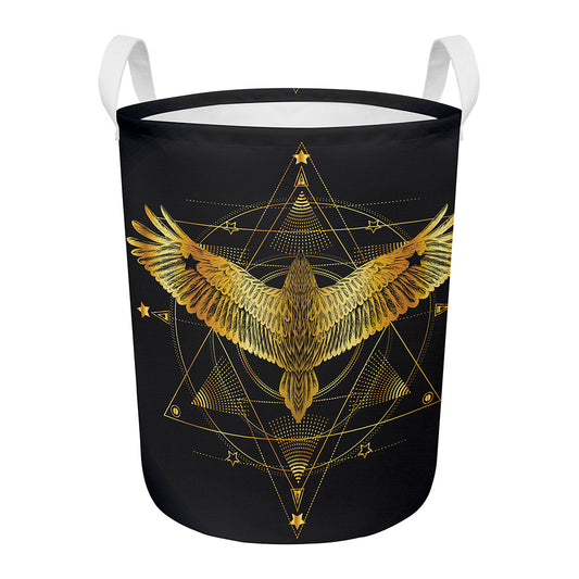 Golden Spiritual Bird Print Round Laundry Basket
