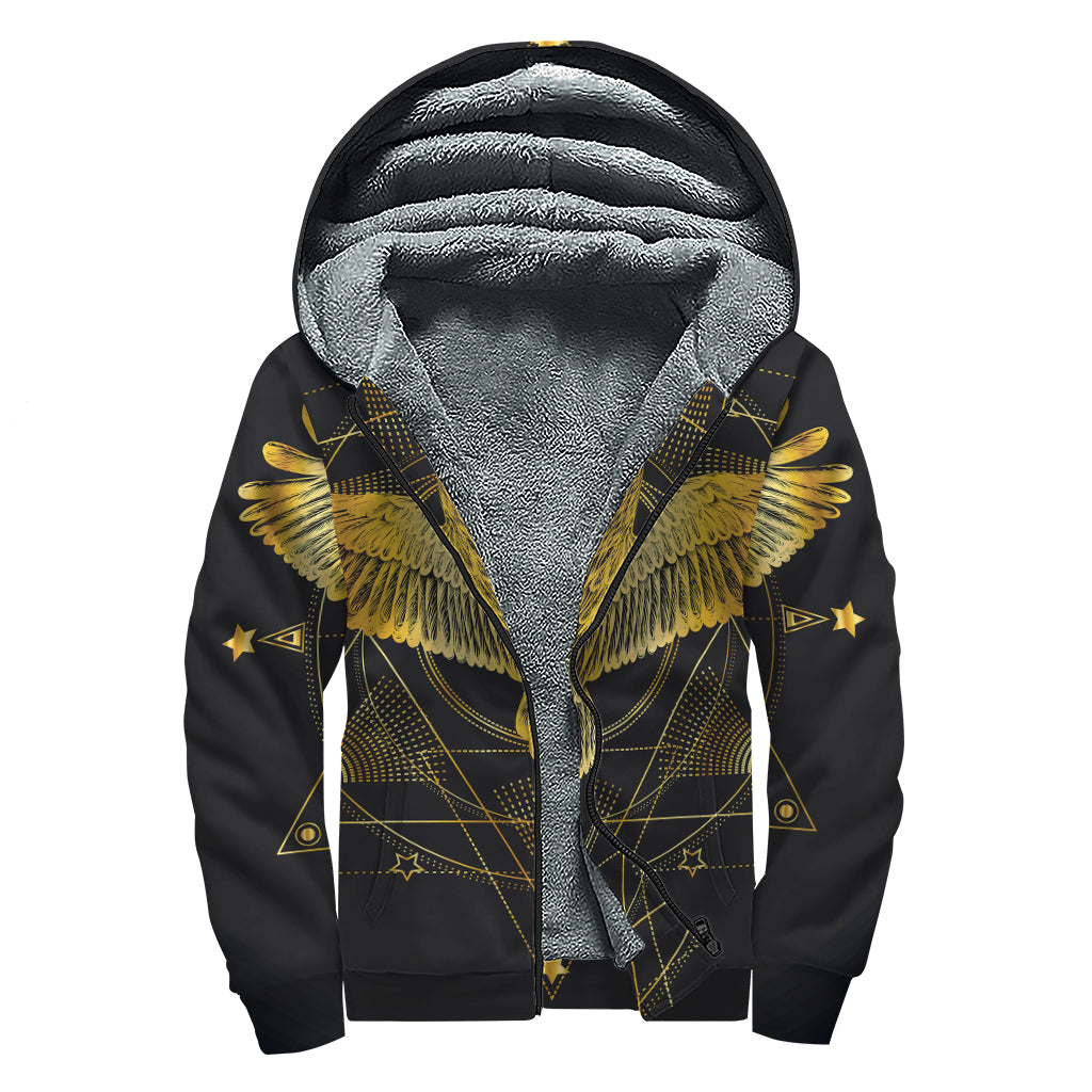 Golden Spiritual Bird Print Sherpa Lined Zip Up Hoodie