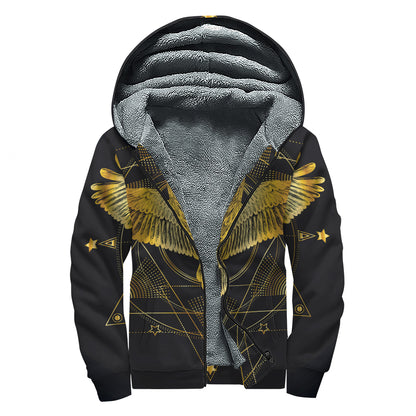 Golden Spiritual Bird Print Sherpa Lined Zip Up Hoodie
