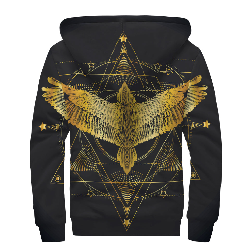 Golden Spiritual Bird Print Sherpa Lined Zip Up Hoodie