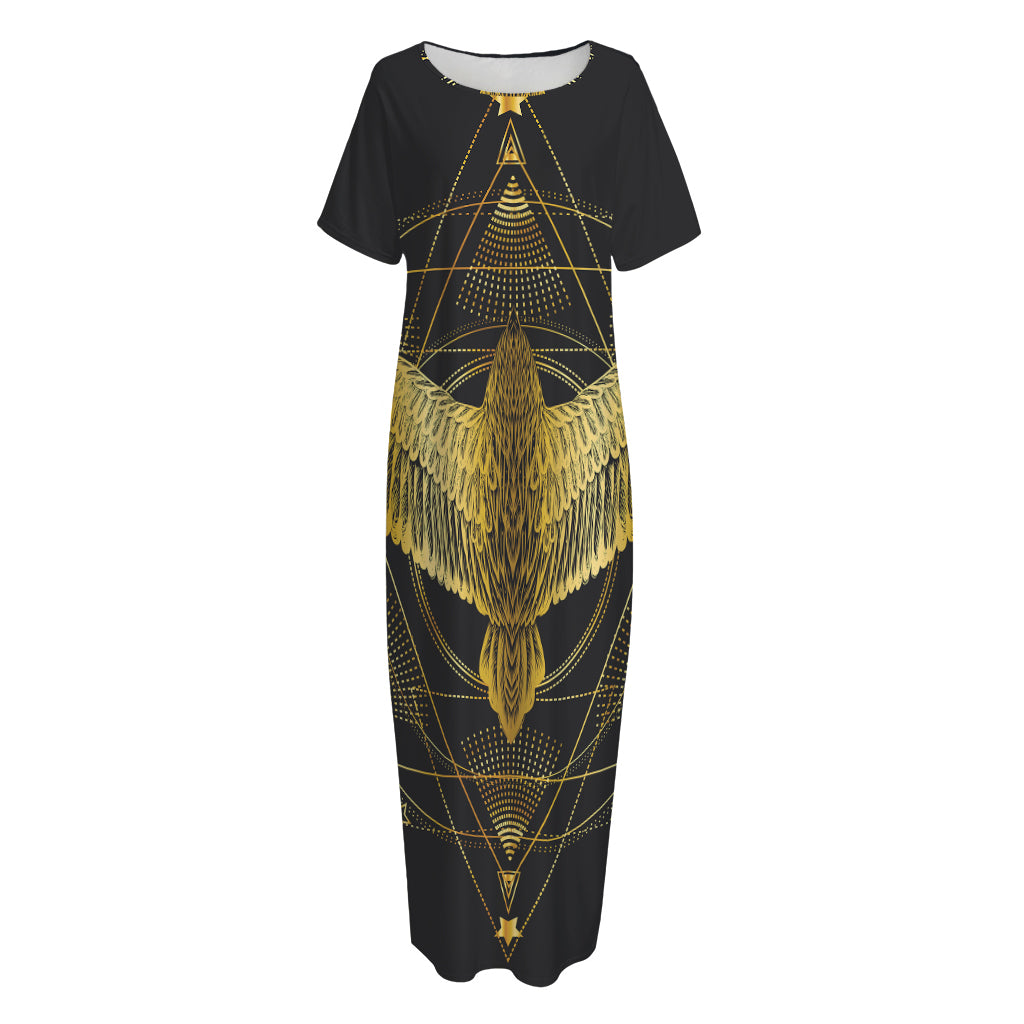 Golden Spiritual Bird Print Short Sleeve Long Nightdress