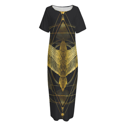 Golden Spiritual Bird Print Short Sleeve Long Nightdress