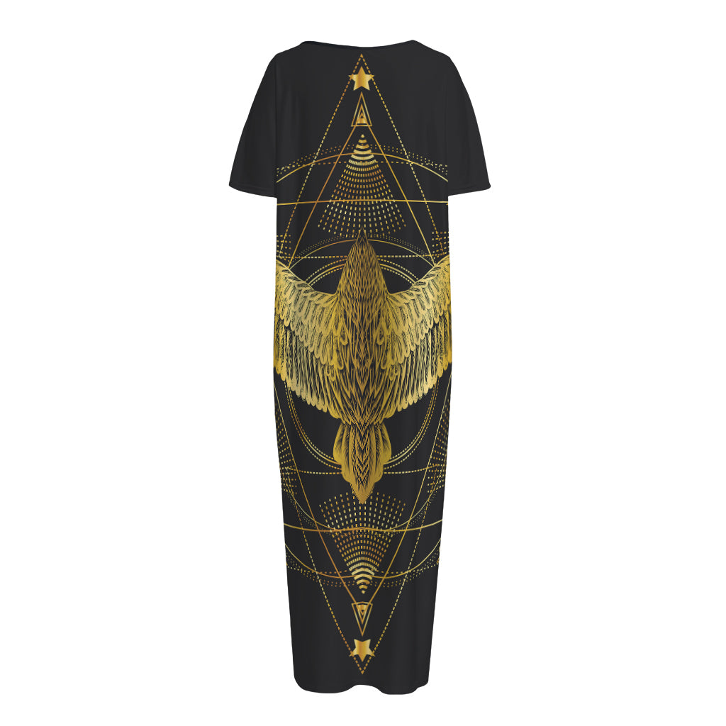 Golden Spiritual Bird Print Short Sleeve Long Nightdress