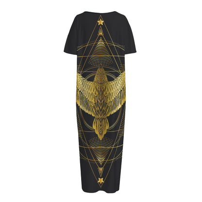 Golden Spiritual Bird Print Short Sleeve Long Nightdress