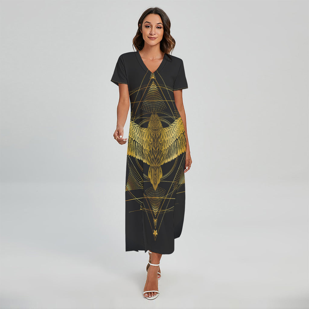 Golden Spiritual Bird Print Short Sleeve Maxi Dress