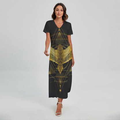 Golden Spiritual Bird Print Short Sleeve Maxi Dress