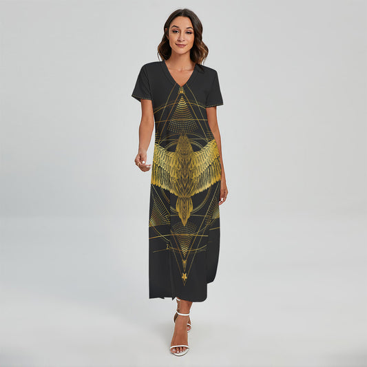 Golden Spiritual Bird Print Short Sleeve Maxi Dress