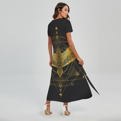 Golden Spiritual Bird Print Short Sleeve Maxi Dress