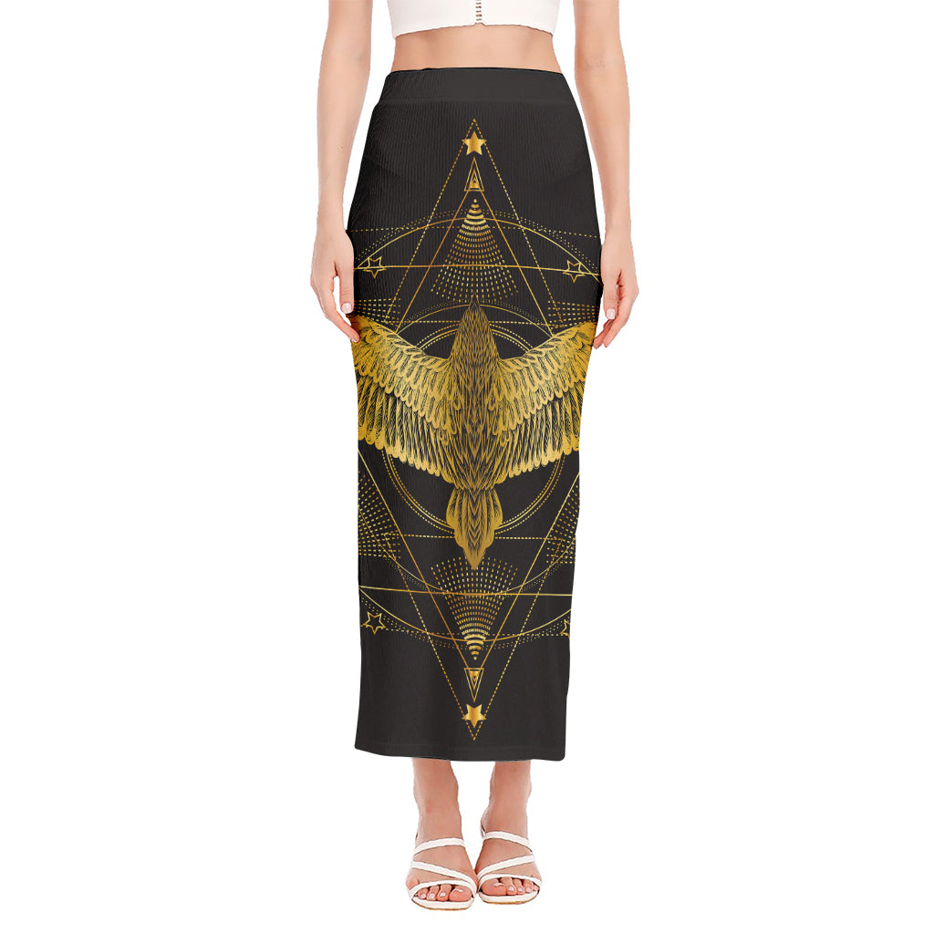 Golden Spiritual Bird Print Side Slit Maxi Skirt