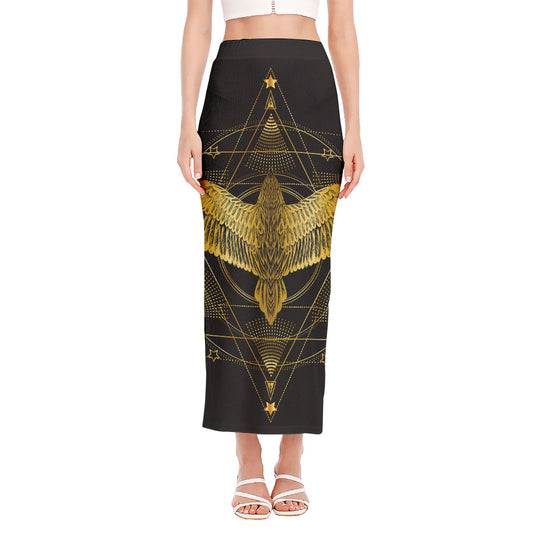 Golden Spiritual Bird Print Side Slit Maxi Skirt