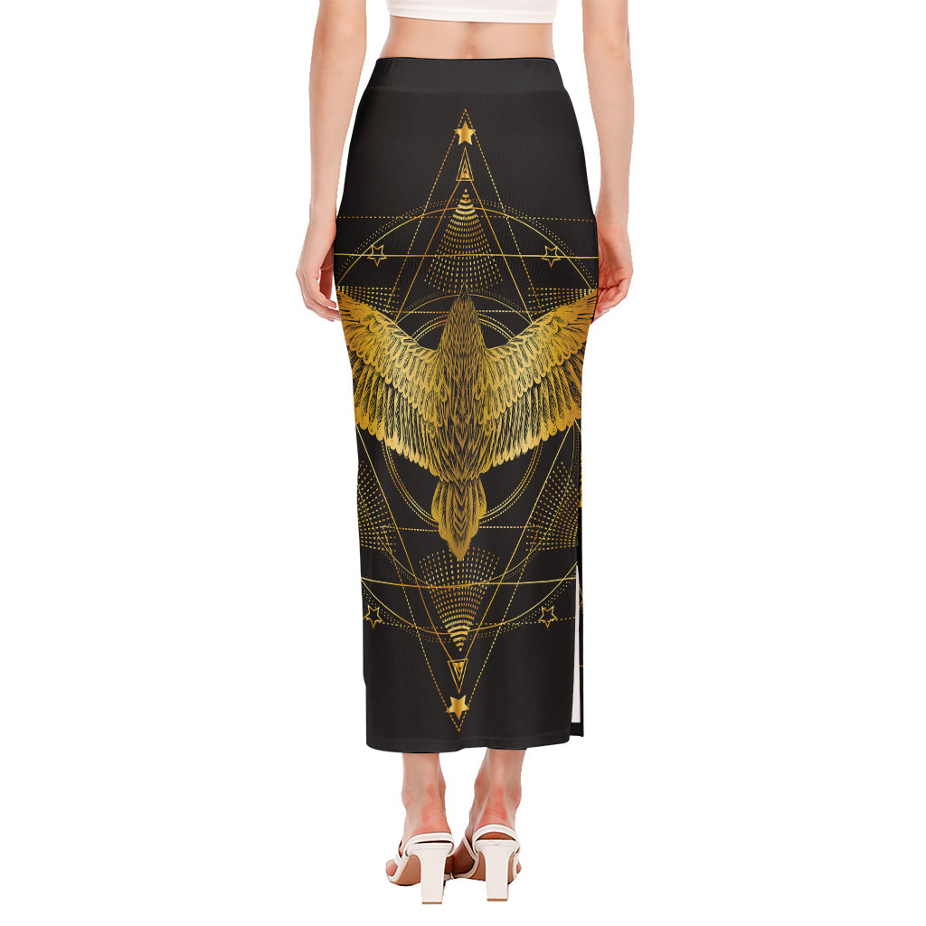 Golden Spiritual Bird Print Side Slit Maxi Skirt