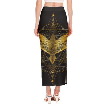 Golden Spiritual Bird Print Side Slit Maxi Skirt