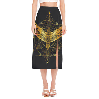 Golden Spiritual Bird Print Side Slit Midi Skirt