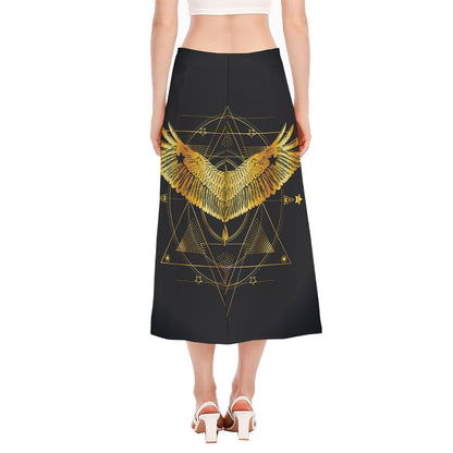 Golden Spiritual Bird Print Side Slit Midi Skirt