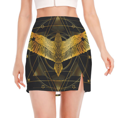 Golden Spiritual Bird Print Side Slit Mini Skirt