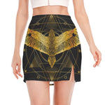 Golden Spiritual Bird Print Side Slit Mini Skirt