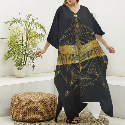 Golden Spiritual Bird Print Silk V-Neck Kaftan Dress