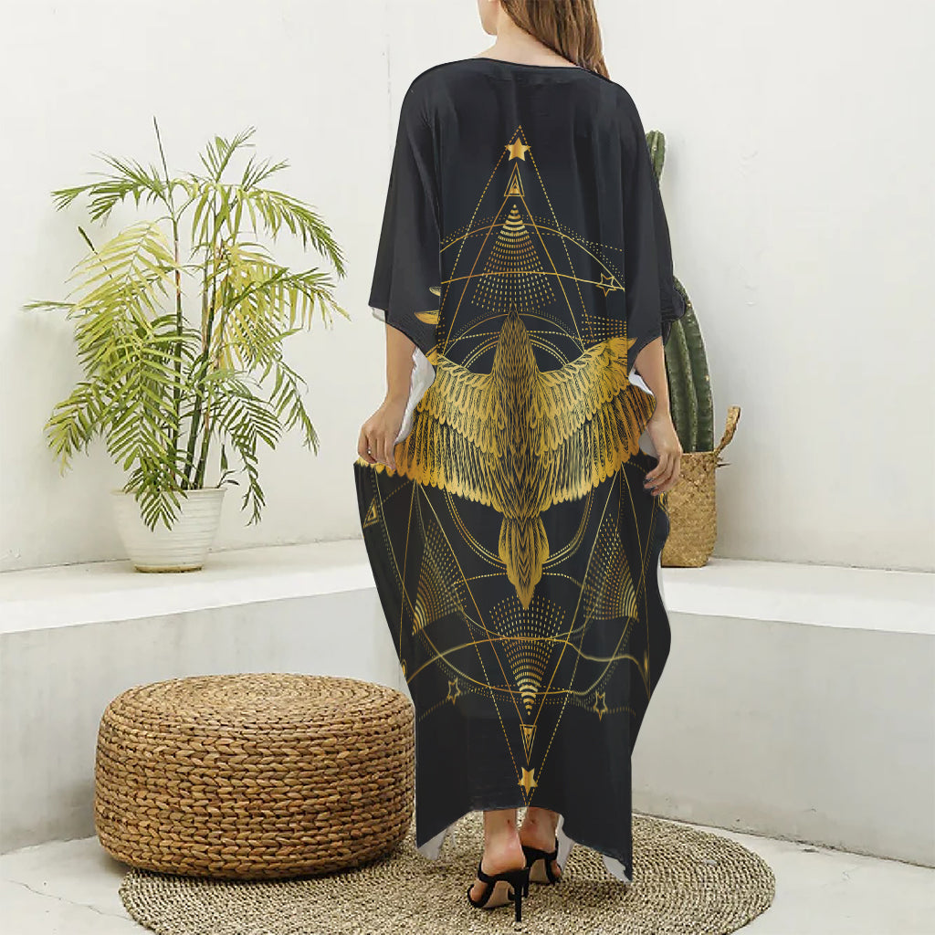 Golden Spiritual Bird Print Silk V-Neck Kaftan Dress