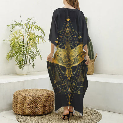 Golden Spiritual Bird Print Silk V-Neck Kaftan Dress