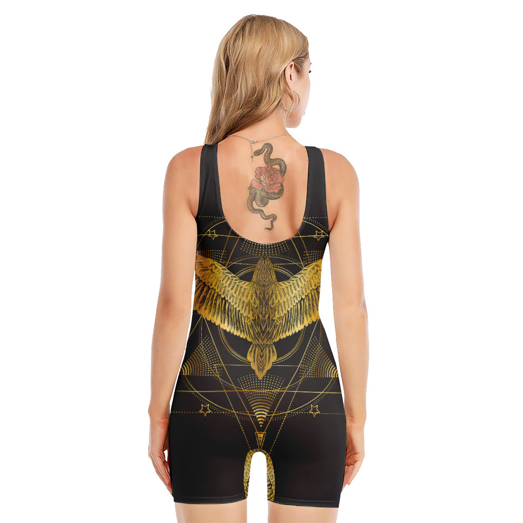 Golden Spiritual Bird Print Sleeveless One Piece Swimsuit