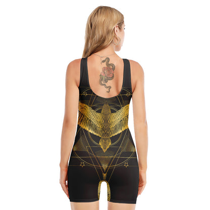 Golden Spiritual Bird Print Sleeveless One Piece Swimsuit