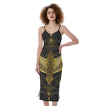 Golden Spiritual Bird Print Slim Fit Midi Cami Dress