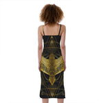 Golden Spiritual Bird Print Slim Fit Midi Cami Dress
