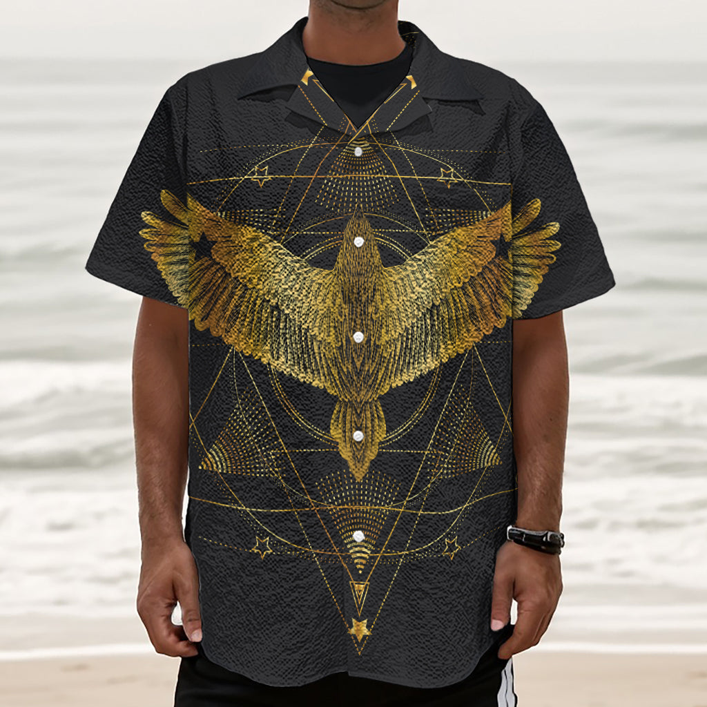 Golden Spiritual Bird Print Textured Short Sleeve Shirt