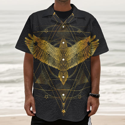 Golden Spiritual Bird Print Textured Short Sleeve Shirt