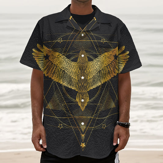 Golden Spiritual Bird Print Textured Short Sleeve Shirt