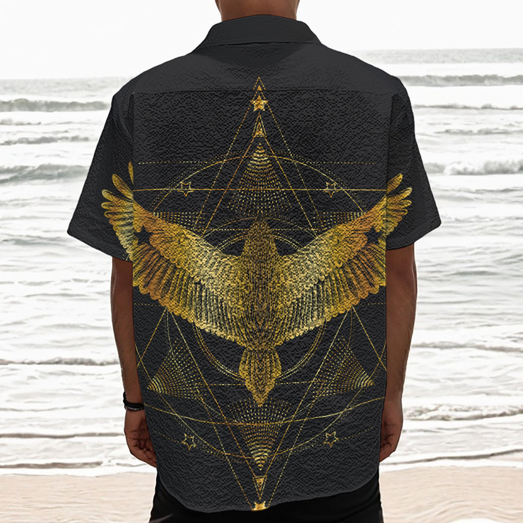 Golden Spiritual Bird Print Textured Short Sleeve Shirt