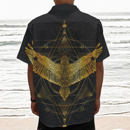 Golden Spiritual Bird Print Textured Short Sleeve Shirt