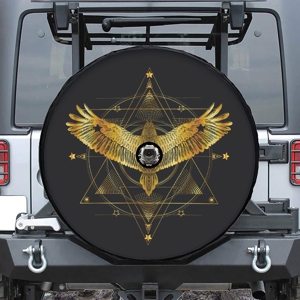 Golden Spiritual Bird Print Tire Cover With Camera Hole