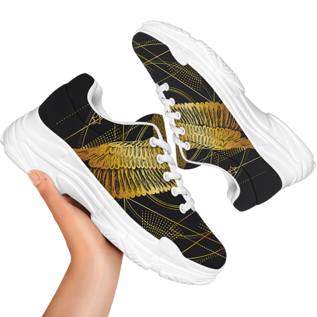 Golden Spiritual Bird Print White Chunky Shoes