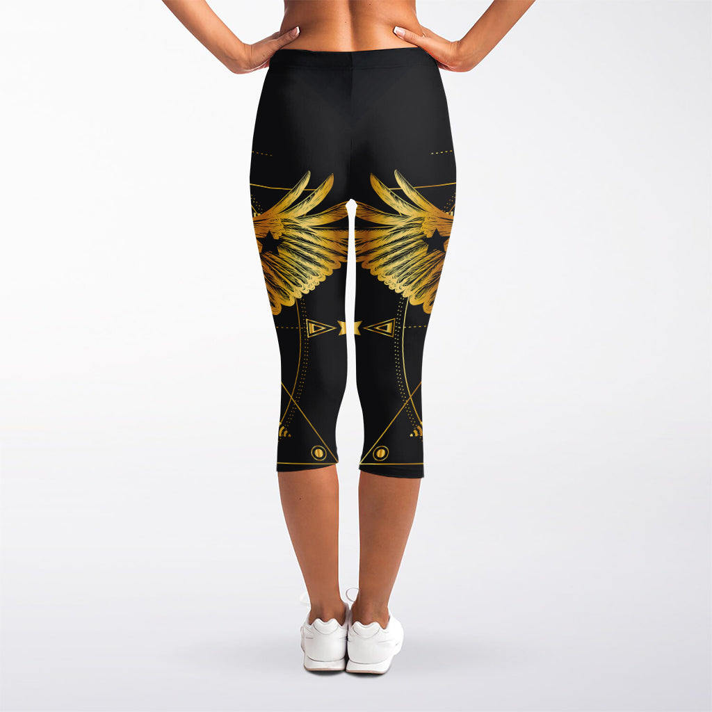 Golden Spiritual Bird Print Women's Capri Leggings