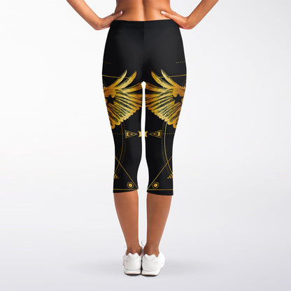 Golden Spiritual Bird Print Women's Capri Leggings