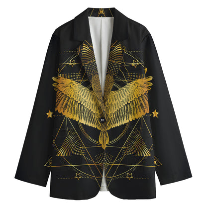 Golden Spiritual Bird Print Women's Cotton Blazer