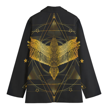 Golden Spiritual Bird Print Women's Cotton Blazer