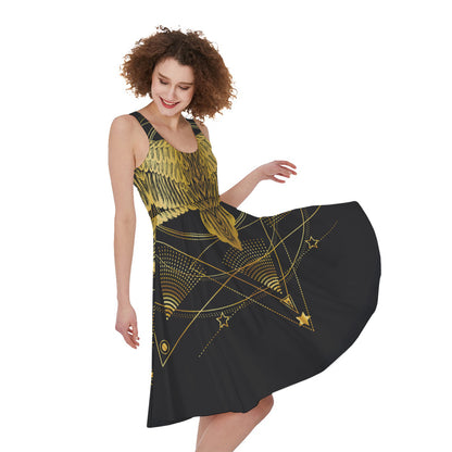 Golden Spiritual Bird Print Women's Sleeveless Dress
