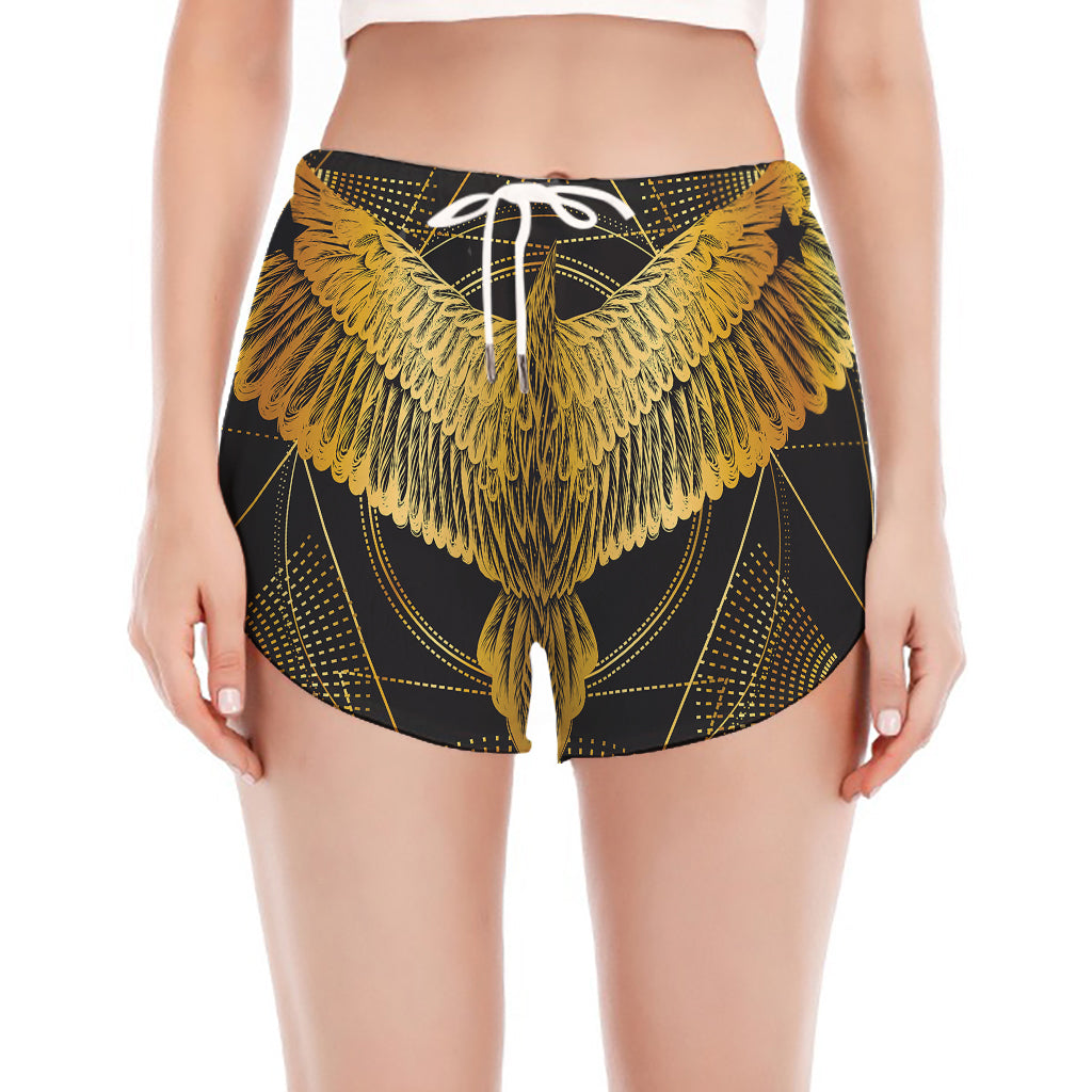 Golden Spiritual Bird Print Women's Split Running Shorts