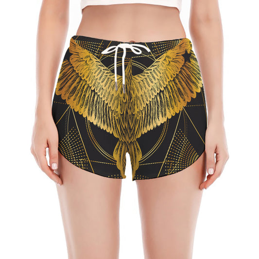 Golden Spiritual Bird Print Women's Split Running Shorts
