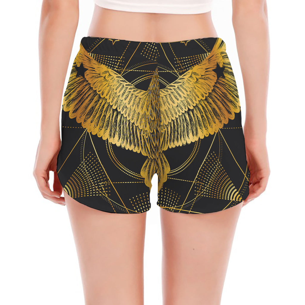 Golden Spiritual Bird Print Women's Split Running Shorts