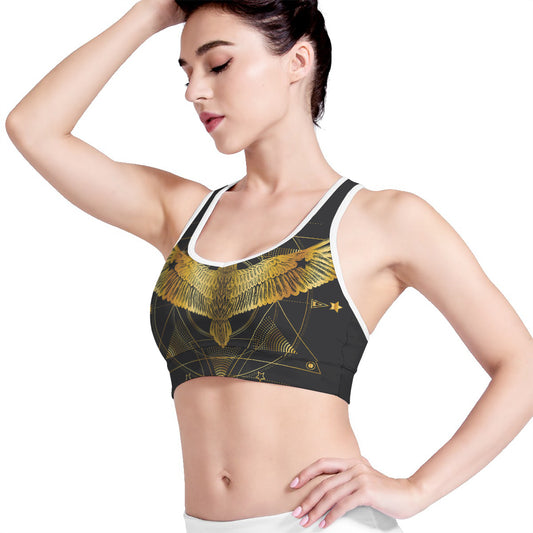 Golden Spiritual Bird Print Women's Sports Bra