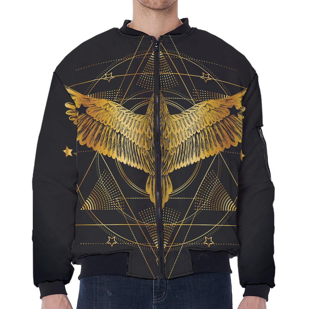 Golden Spiritual Bird Print Zip Sleeve Bomber Jacket