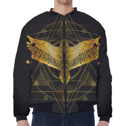 Golden Spiritual Bird Print Zip Sleeve Bomber Jacket